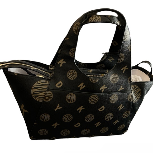 BLACK DKNY & TAUPE LOGO MEDIUM TOTE HANDBAG REMOVABLE SHOULDER STRAP NWT $400 - Picture 10 of 16